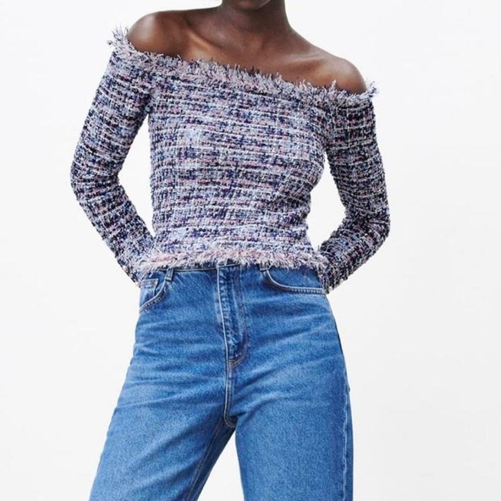 Fate Off-Shoulder Tweed Sweater in Blue and White